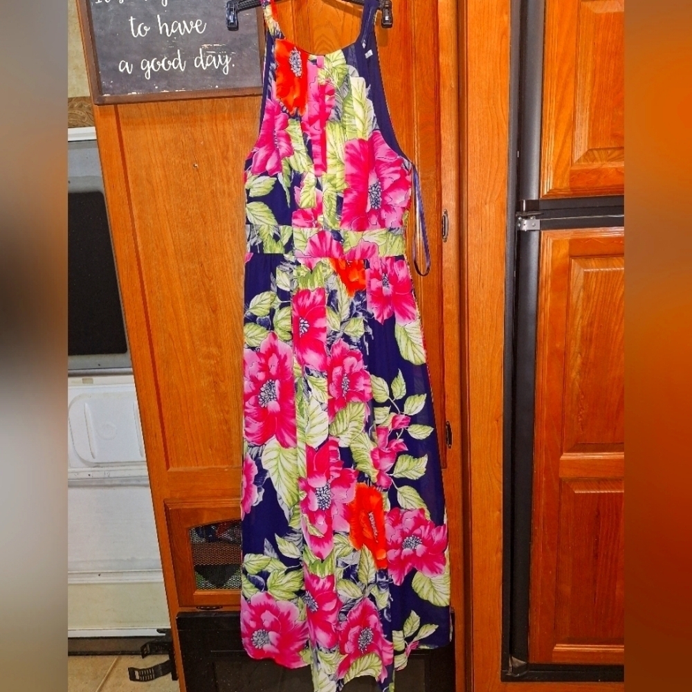 Eliza J Floral Sleeveless Maxi Dress with Pink and Green Accents A Size 12. EUC.